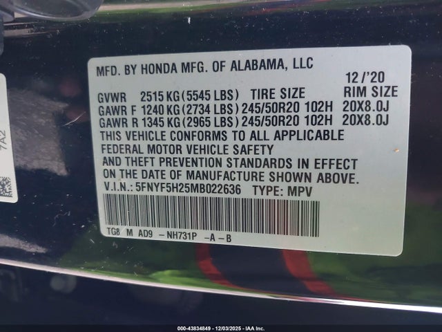 Honda j35y6 2021 5FNYF5H25MB022636 Image 9