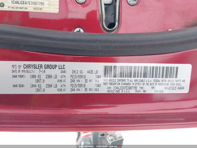 43834887 :رقم المزاد ، 1C4NJCEA7ED887795 vin ، 2014 Jeep Compass High Altitude مزاد بيع