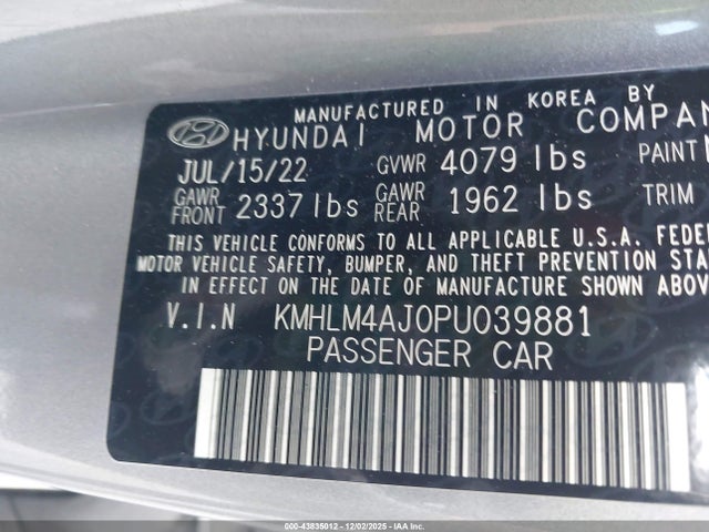 43835012 :رقم المزاد ، KMHLM4AJ0PU039881 vin ، 2023 Hyundai Elantra Hybrid Blue مزاد بيع