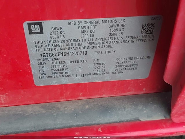Aukcja sprzedaży 2017 Gmc Canyon Sle, vin: 1GTG6CEN6H1275719, numer aukcji: 43835026