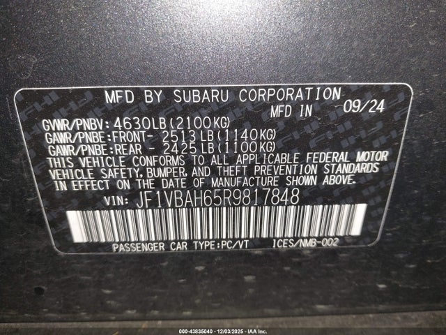 Продаж на аукціоні авто 2024 Subaru Wrx Premium, vin: JF1VBAH65R9817848, номер лоту: 43835040