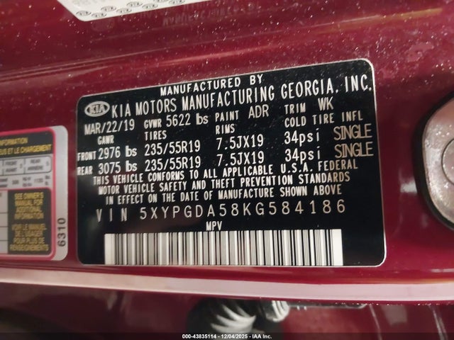 5XYPGDA58KG584186 KIA Sorento 3.3l S