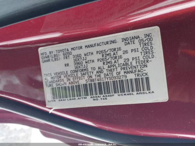 2000 TOYOTA TUNDRA 5TBBT4817YS093279 Photo 8