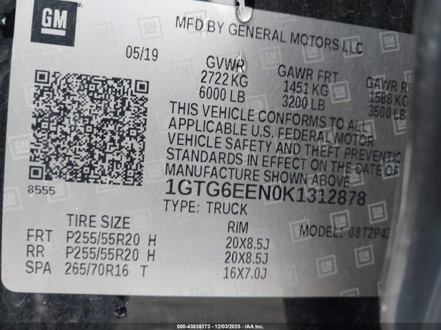 43835173 :رقم المزاد ، 1GTG6EEN0K1312878 vin ، 2019 Gmc Canyon Denali مزاد بيع