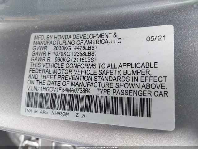 Aukcja sprzedaży 2021 Honda Accord Sport, vin: 1HGCV1F34MA073864, numer aukcji: 43835235