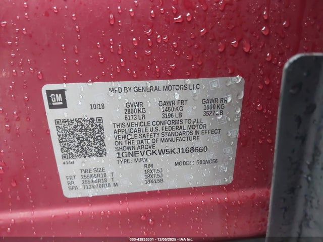 1GNEVGKW5KJ168660 Chevrolet Traverse 1lt