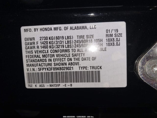 2019 Honda Ridgeline Black Edition მანქანა იყიდება აუქციონზე, vin: 5FPYK3F89KB029021, აუქციონის ნომერი: 43835350