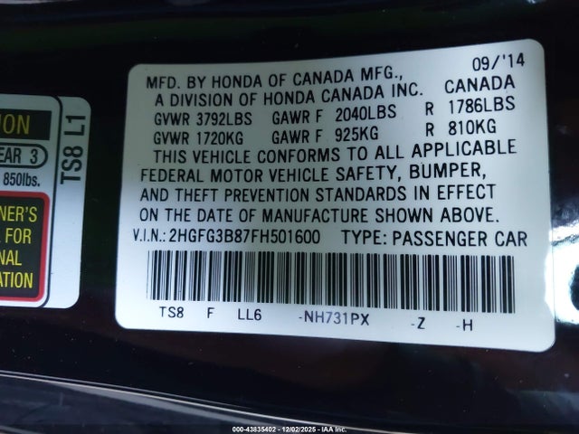 Honda CIVIC EX 2015 2HGFG3B87FH501600 Image 9