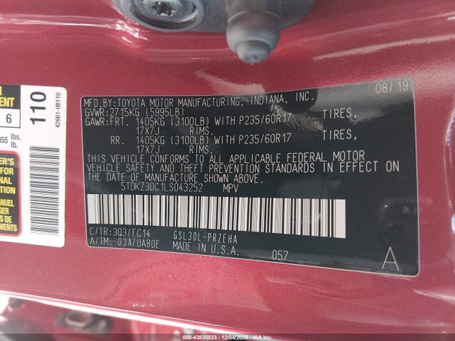43835533 :رقم المزاد ، 5TDKZ3DC1LS043252 vin ، 2020 Toyota Sienna Le مزاد بيع