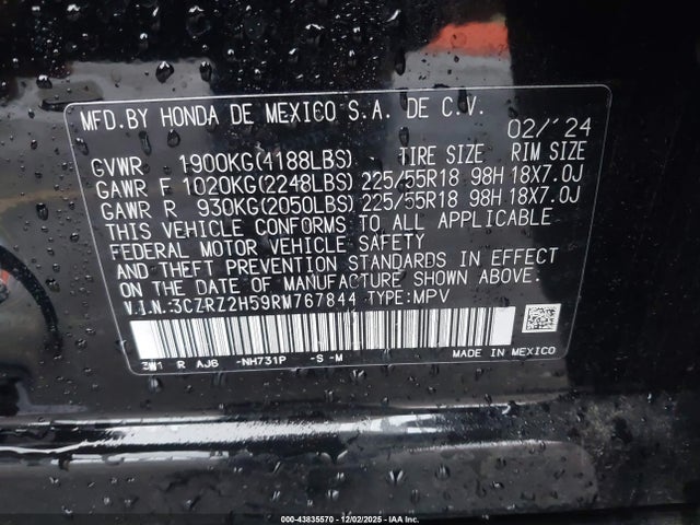 3CZRZ2H59RM767844 Honda Hr-v Awd Sport/awd Sport W/o Bsi