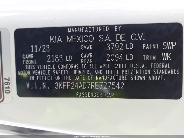 3KPF24AD7RE727542 KIA Forte Lxs