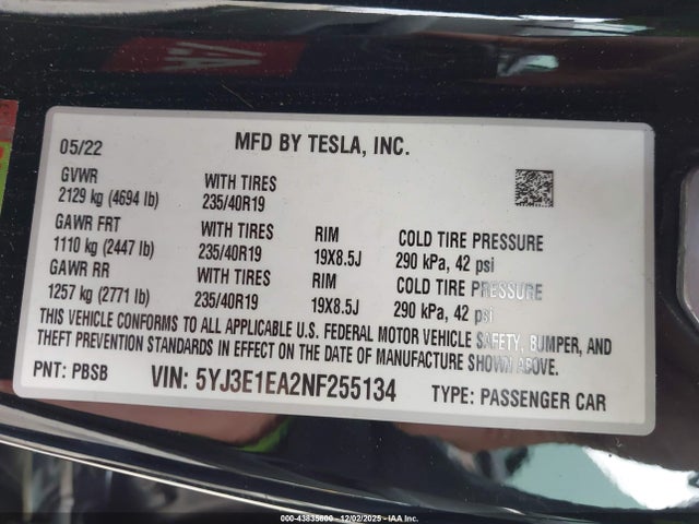 2022 TESLA MODEL 3 5YJ3E1EA2NF255134 Photo 8