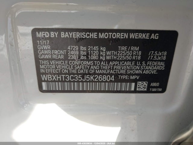 43835634 :رقم المزاد ، WBXHT3C35J5K26804 vin ، 2018 Bmw X1 Xdrive28i مزاد بيع