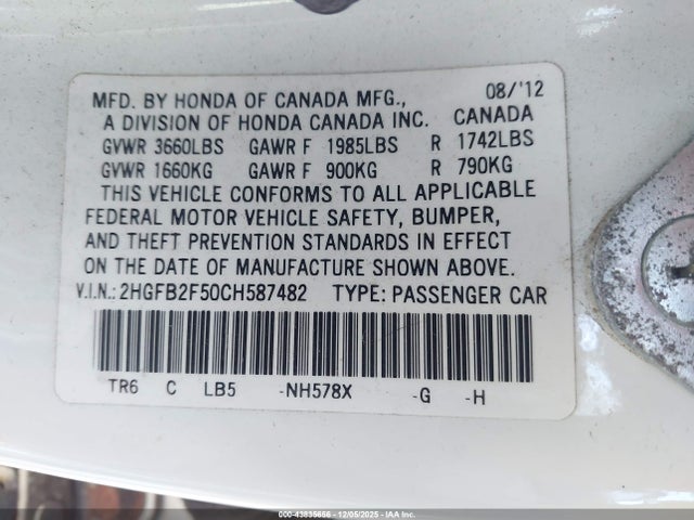 2012 Honda Civic Lx მანქანა იყიდება აუქციონზე, vin: 2HGFB2F50CH587482, აუქციონის ნომერი: 43835656