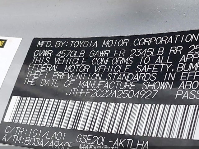 Продаж на аукціоні авто 2010 Lexus Is 250c, vin: JTHFF2C22A2504927, номер лоту: 43835719