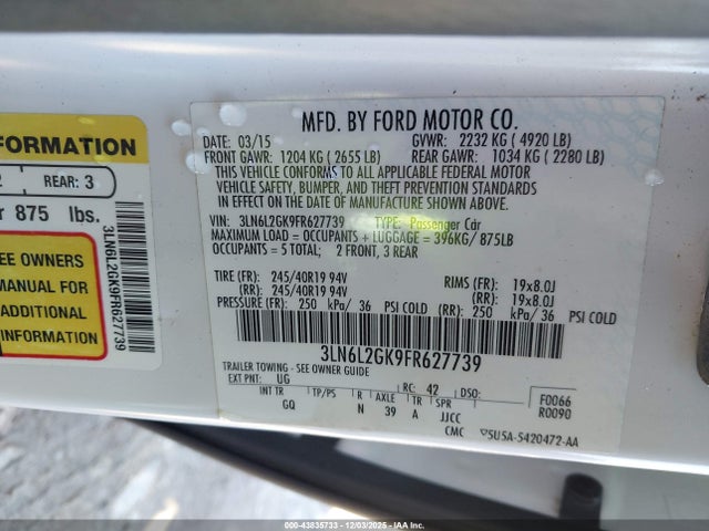 3LN6L2GK9FR627739 Lincoln MKZ