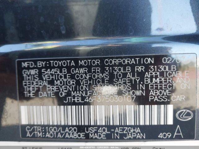 2007 LEXUS LS 460 JTHBL46F375030107 Photo 8