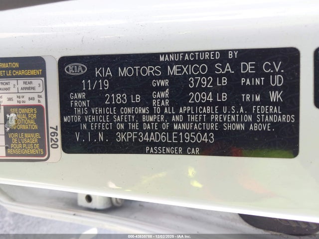 3KPF34AD6LE195043 KIA Forte Gt-line