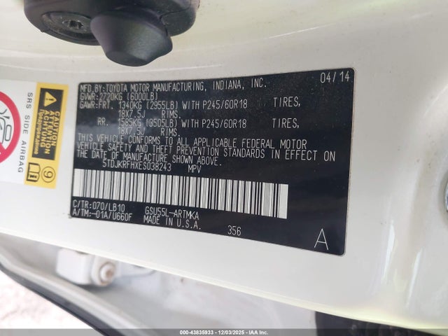 Toyota Highlander Xle V6 2014 5TDJKRFHXES038243 Image 9
