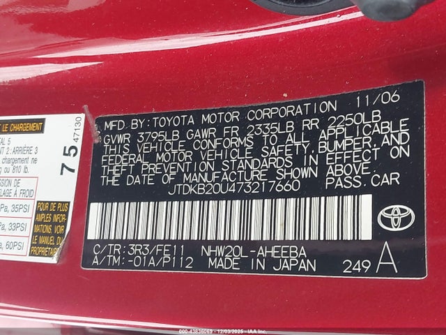 43836069 :رقم المزاد ، JTDKB20U473217660 vin ، 2007 Toyota Prius مزاد بيع