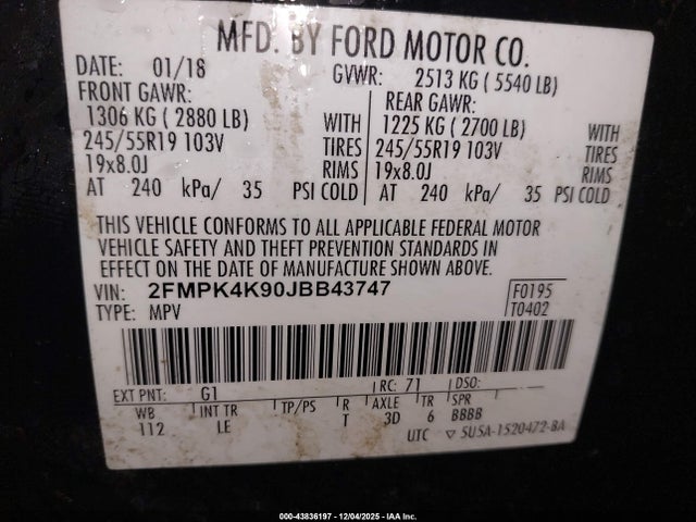 2018 Ford Edge Titanium მანქანა იყიდება აუქციონზე, vin: 2FMPK4K90JBB43747, აუქციონის ნომერი: 43836197