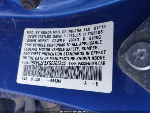 2016 HONDA CIVIC 19XFC2F5XGE205844 Photo 8