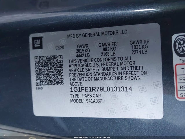 43836222 :رقم المزاد ، 1G1FE1R79L0131314 vin ، 2020 Chevrolet Camaro Rwd  1ss مزاد بيع
