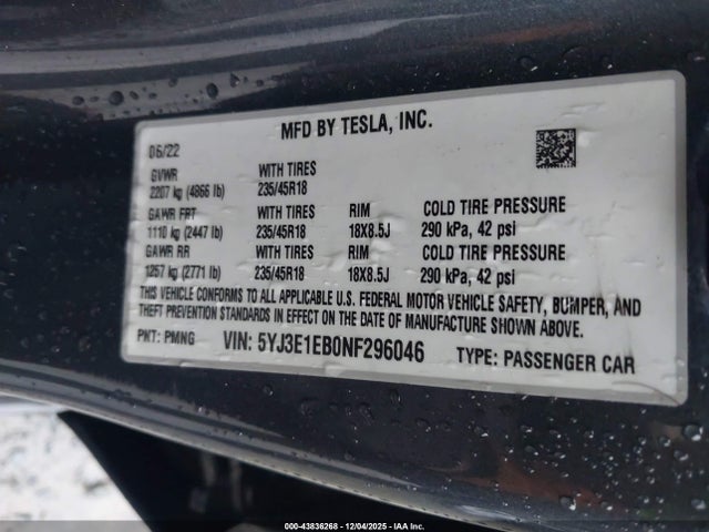 2022 TESLA MODEL 3 5YJ3E1EB0NF296046 Photo 8