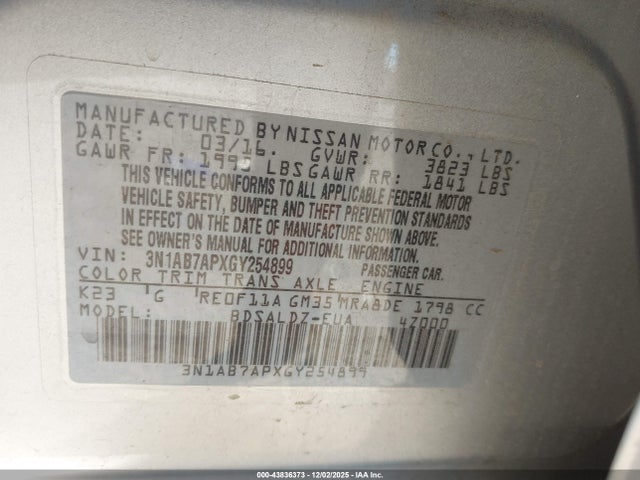 3N1AB7APXGY254899 Nissan SENTRA SV