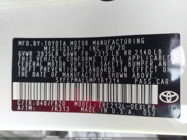 2021 TOYOTA COROLLA 5YFEPMAE5MP161314 Photo 8