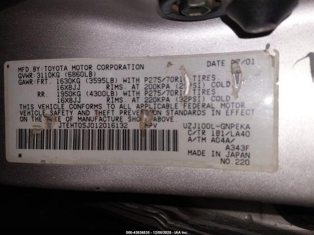2001 TOYOTA LAND CRUISER JTEHT05J012016132 Photo 8