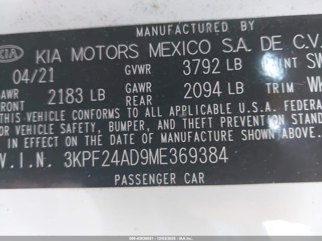 3KPF24AD9ME369384 KIA Forte Lxs