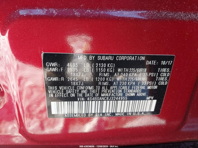 4S4BSANC8J3244955 Subaru Outback 2.5i Limited