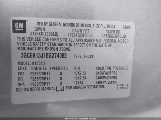 2008 CHEVROLET SILVERADO 1500 3GCEK13J18G274082 Photo 8