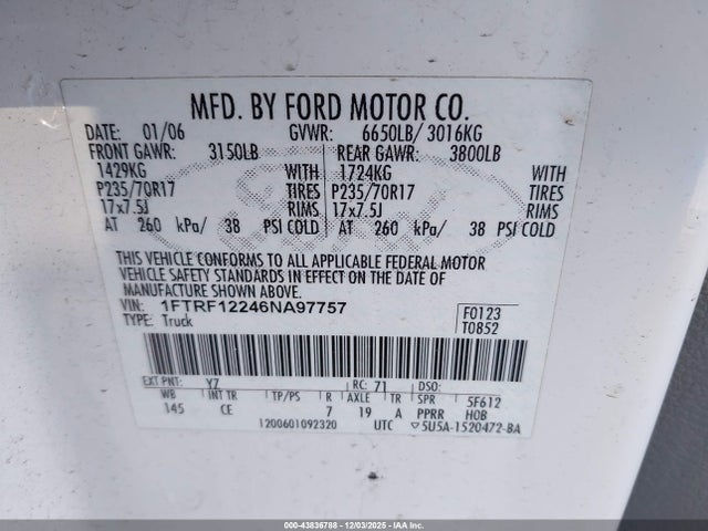 Aukcja sprzedaży 2006 Ford F-150 Stx/xl/xlt, vin: 1FTRF12246NA97757, numer aukcji: 43836788