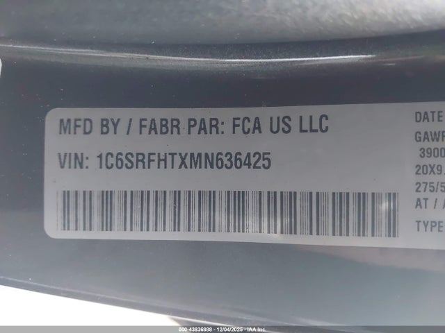 Aukcja sprzedaży 2021 Ram 1500 Limited, vin: 1C6SRFHTXMN636425, numer aukcji: 43836888