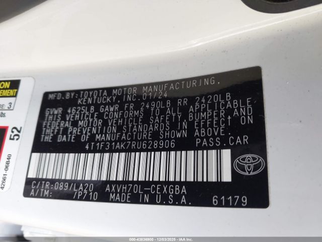 2024 TOYOTA CAMRY HYBRID 4T1F31AK7RU628906 Photo 8