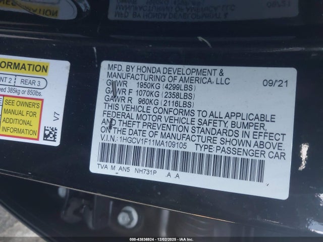 1HGCV1F11MA109105 Honda ACCORD LX