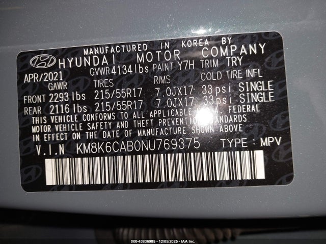 2022 Hyundai Kona Sel მანქანა იყიდება აუქციონზე, vin: KM8K6CAB0NU769375, აუქციონის ნომერი: 43836985