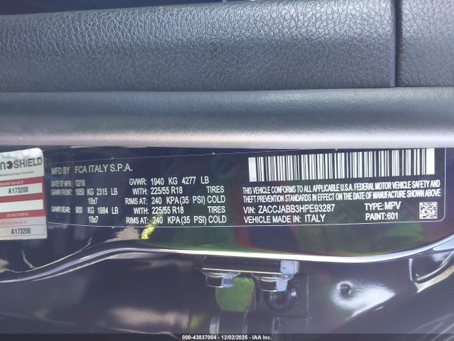 Продажа на аукционе авто 2017 Jeep Renegade Altitude Fwd, vin: ZACCJABB3HPE93287, номер лота: 43837004