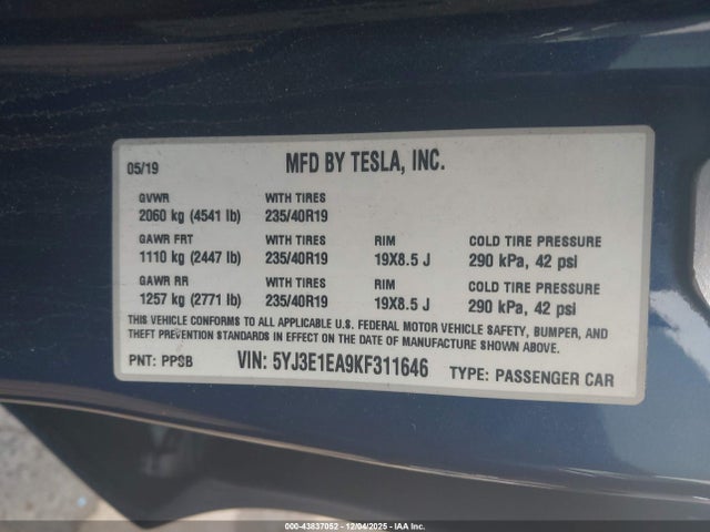 2019 TESLA MODEL 3 5YJ3E1EA9KF311646 Photo 8