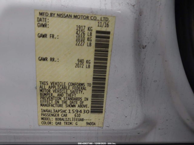 1N4AL3AP5HC159430 Nissan Altima 2.5 Sv
