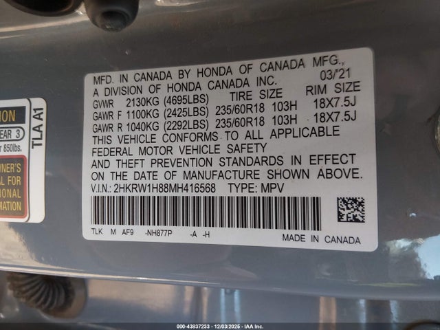 2HKRW1H88MH416568 Honda Cr-v 2wd Ex-l