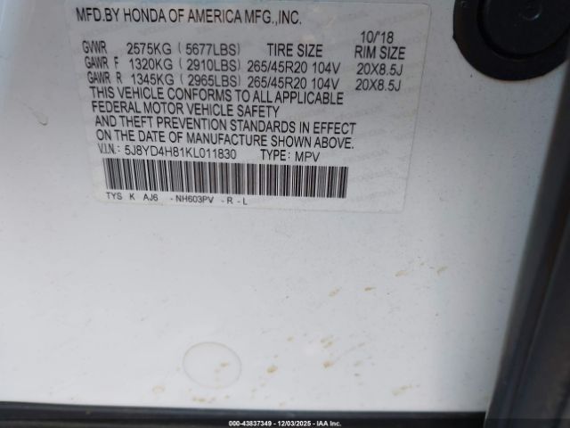 2019 ACURA MDX 5J8YD4H81KL011830 Photo 8