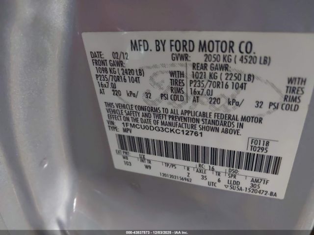 2012 FORD ESCAPE 1FMCU0DG3CKC12761 Photo 8