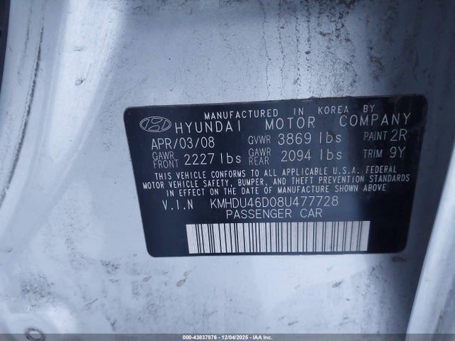 2008 HYUNDAI ELANTRA KMHDU46D08U477728 Photo 8