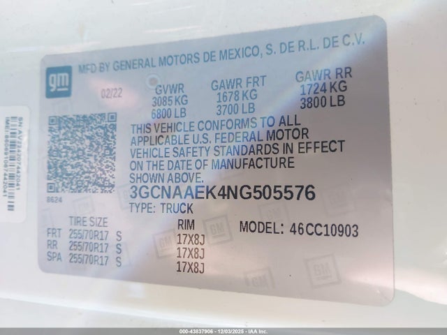 Продажа на аукционе авто 2022 Chevrolet Silverado 1500 2wd  Long Bed Wt, vin: 3GCNAAEK4NG505576, номер лота: 43837906