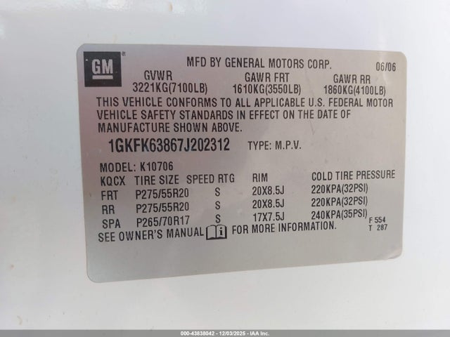 Продаж на аукціоні авто 2007 Gmc Yukon Denali, vin: 1GKFK63867J202312, номер лоту: 43838042
