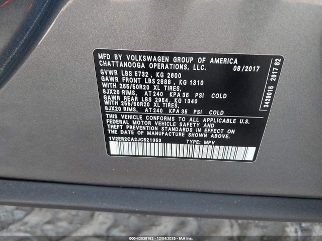 2018 Volkswagen Atlas 3.6l V6 Sel მანქანა იყიდება აუქციონზე, vin: 1V2ER2CA2JC521053, აუქციონის ნომერი: 43838163