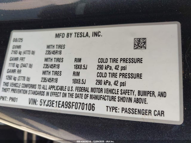 2025 TESLA MODEL 3 5YJ3E1EA9SF070106 Photo 8